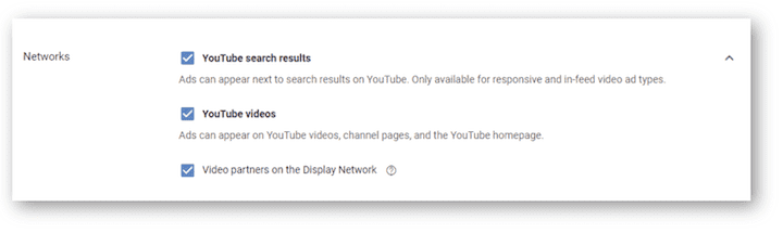 campañas de vídeo en Google Ads - opciones de red de publicidad en YouTube
