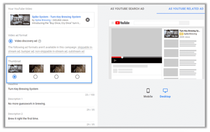 prueba de miniaturas de anuncios de video en el feed de YouTube