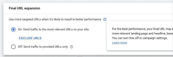 Expansión de URL final de Google Ads Performance Max