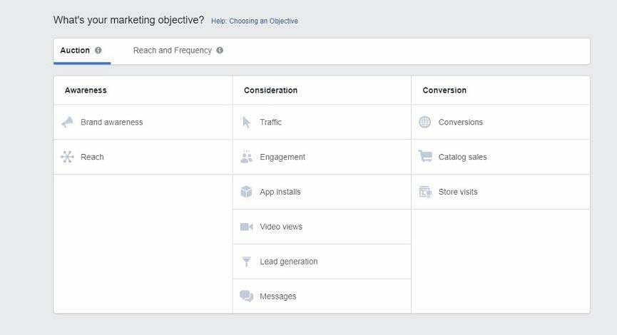 Objetivos de anuncios en Facebook - Seleccion de objetivos