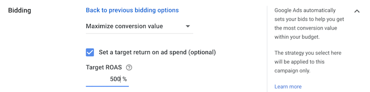 Puja de ROAS objetivo con valor máximo de conversiones de Google Ads