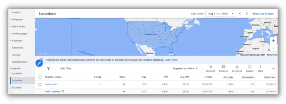 segmentación de ubicación en Google Ads -location-report