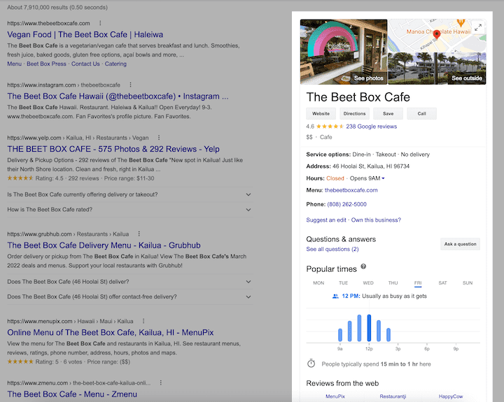 Ideas de marketing para restaurantes - ejemplo de perfil comercial de Google