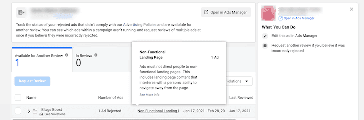 anuncio de Facebook no aprobado - landing page no funcional