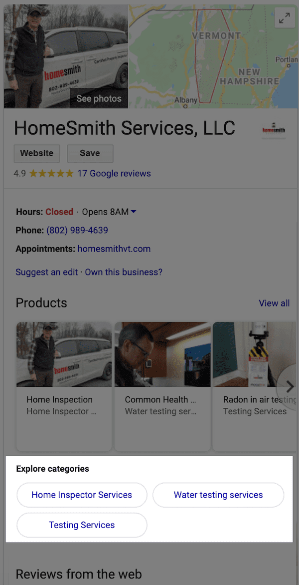 optimizar tu Perfil Empresarial de Google - explore categories