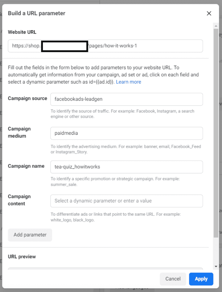 parámetros de URL de audiencias de respaldo de Facebook