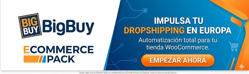 Banner promocional para suscribirse al plan Ecommerce Pack de BigBuy y automatizar tiendas de dropshipping en WooCommerce.