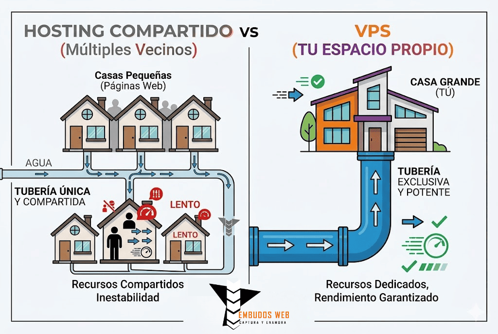 Infografía comparativa diseñada por Agencia Embudos Web. Explica de forma sencilla la diferencia técnica entre un hosting compartido, donde múltiples páginas saturan los recursos de una sola tubería, frente a la potencia y estabilidad de un servidor VPS exclusivo para tiendas WooCommerce.