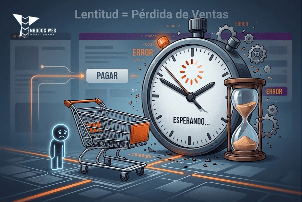 Ilustración conceptual de un usuario frustrado con un carrito de compras abandonado. El camino a pagar está bloqueado por un gran reloj mecánico lento y símbolos de carga ('ESPERANDO...'), representando la pérdida de ventas en una tienda online WooCommerce lenta por usar un hosting inadecuado. Diseño con los colores de Agencia Embudos Web.