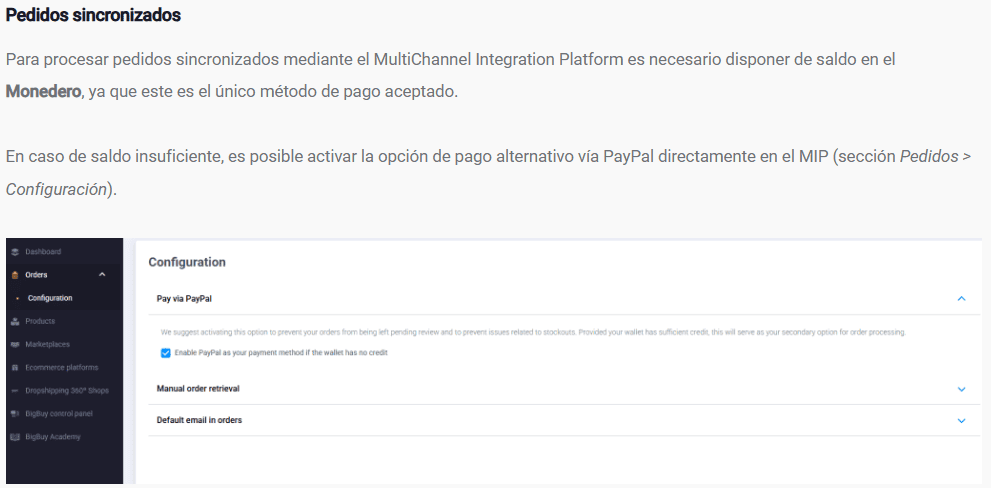 Panel de configuración en BigBuy para automatizar el pago de pedidos de dropshipping usando PayPal o el Monedero Virtual.