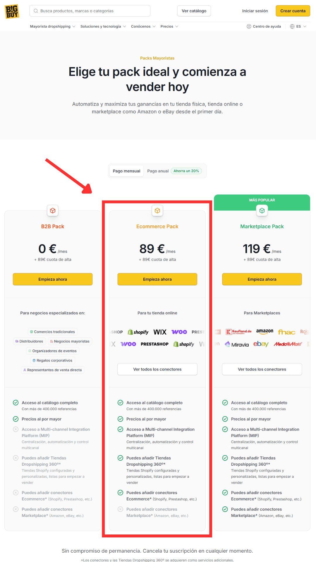 Comparativa de precios de los packs mayoristas de BigBuy (B2B, Ecommerce y Marketplaces) para tiendas de dropshipping con WooCommerce.