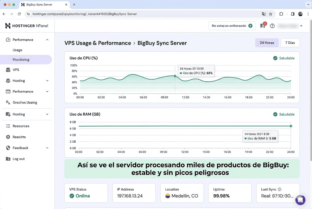Captura del monitor de recursos hPanel mostrando el consumo estable de CPU y RAM en un Hosting VPS de Hostinger. Prueba técnica documentada por Embudos Web procesando miles de productos de BigBuy para una tienda WooCommerce sin picos peligrosos ni caídas.