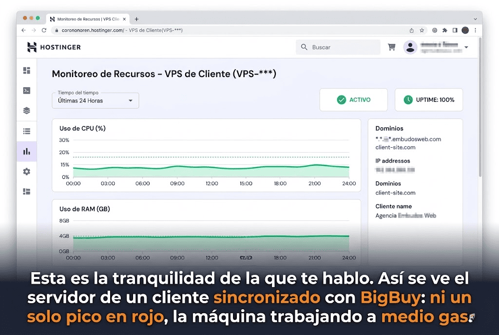 Captura de pantalla real del panel hPanel de Hostinger que muestra el monitoreo de recursos estables de CPU y RAM para un VPS de cliente de Agencia Embudos Web. Los gráficos en verde sin picos indican tranquilidad técnica, operando a media carga incluso sincronizado con BigBuy. Incluye texto persuasivo en español sobre la estabilidad del servidor.