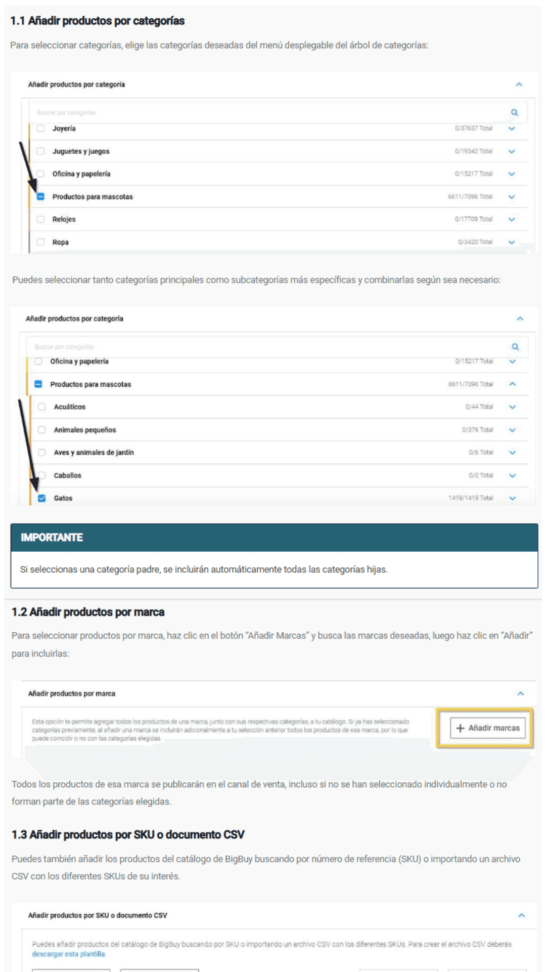 Interfaz del Multi-Channel Integration Platform (MIP) de BigBuy para filtrar categorías y sincronizar el catálogo con WooCommerce.
